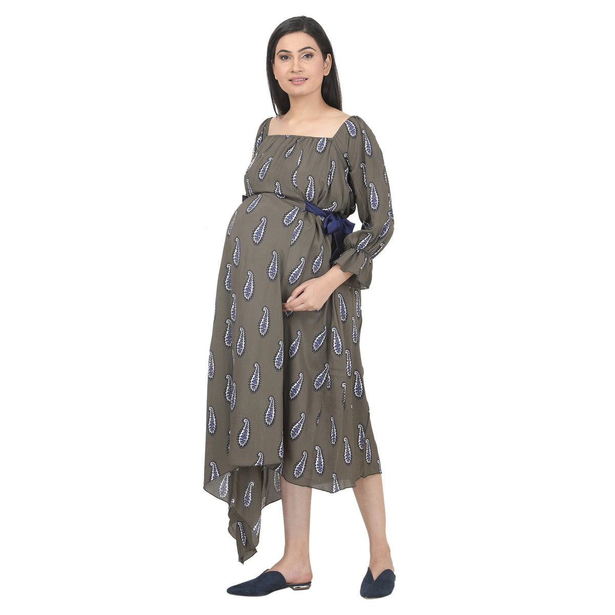 Olive Grey Paisley Print Asymmetric Maternity Dress