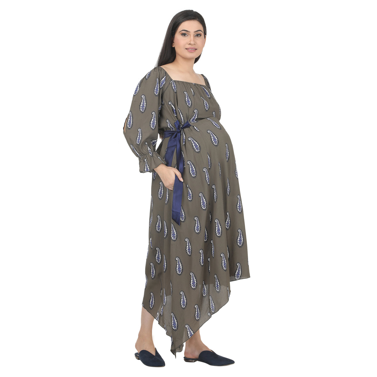 Olive Grey Paisley Print Asymmetric Maternity Dress