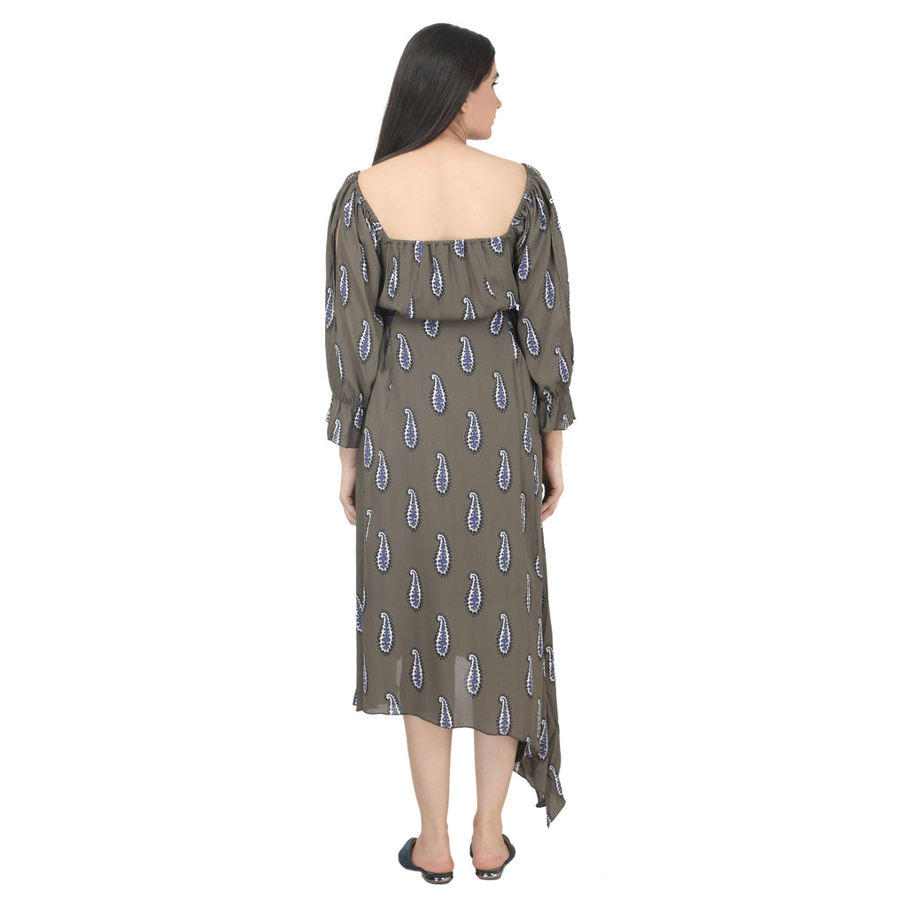 Olive Grey Paisley Print Asymmetric Maternity Dress