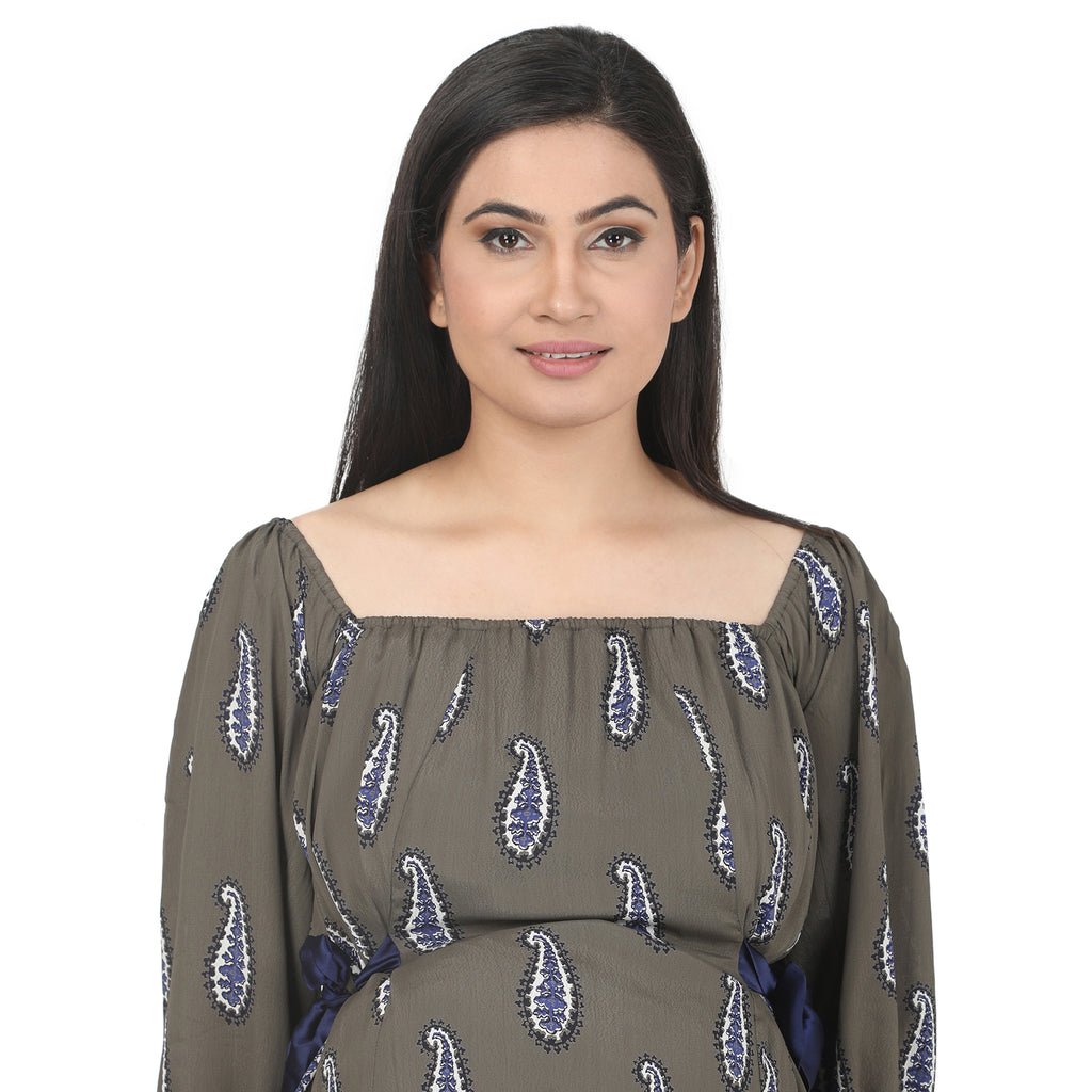 Olive Grey Paisley Print Asymmetric Maternity Dress