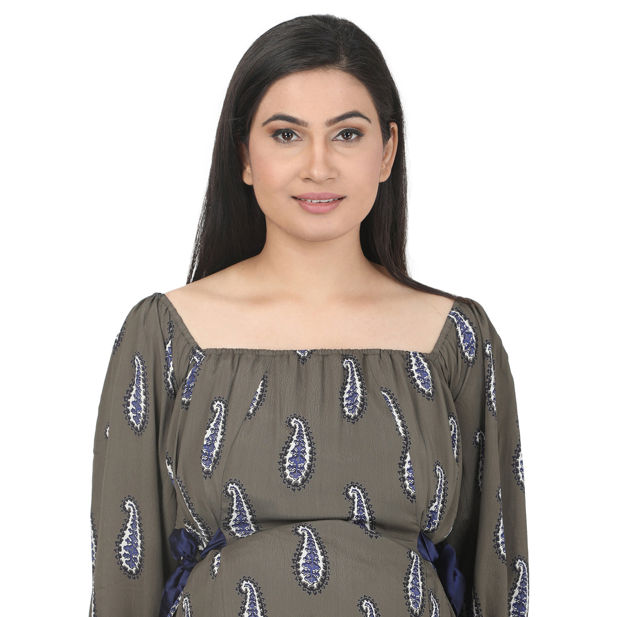 Olive Grey Paisley Print Asymmetric Maternity Dress