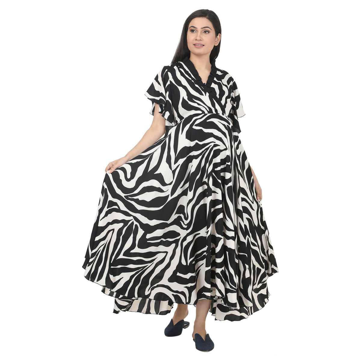 Black & White Abstract Printed Maternity Wrap Dress