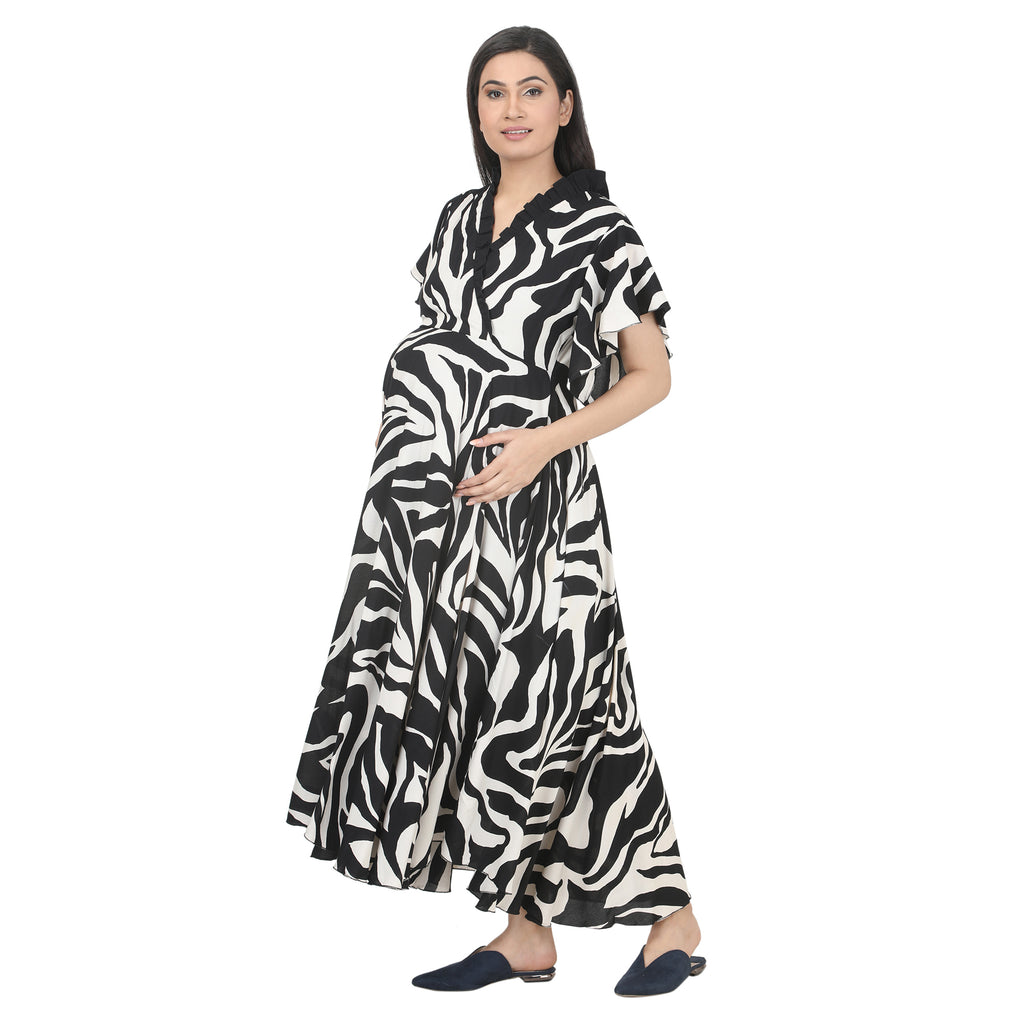 Black & White Abstract Printed Maternity Wrap Dress