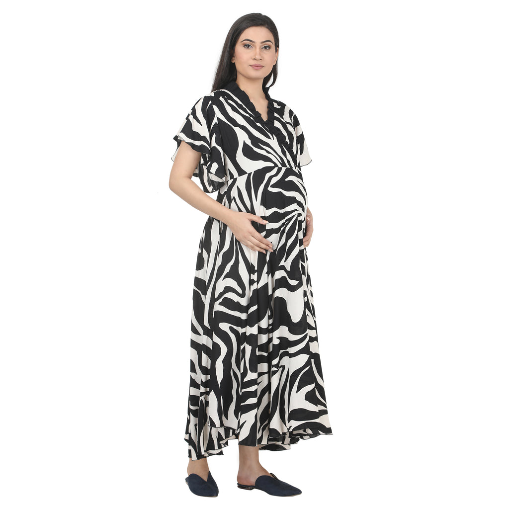 Black & White Abstract Printed Maternity Wrap Dress