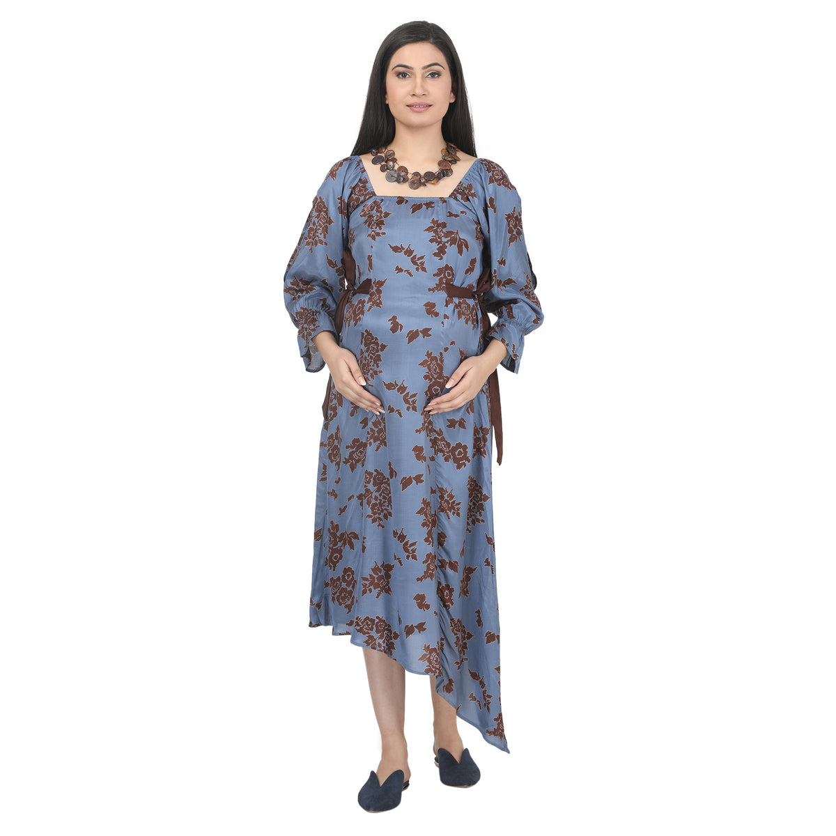 Blue & Brown Printed Asymmetrical Maternity Dress