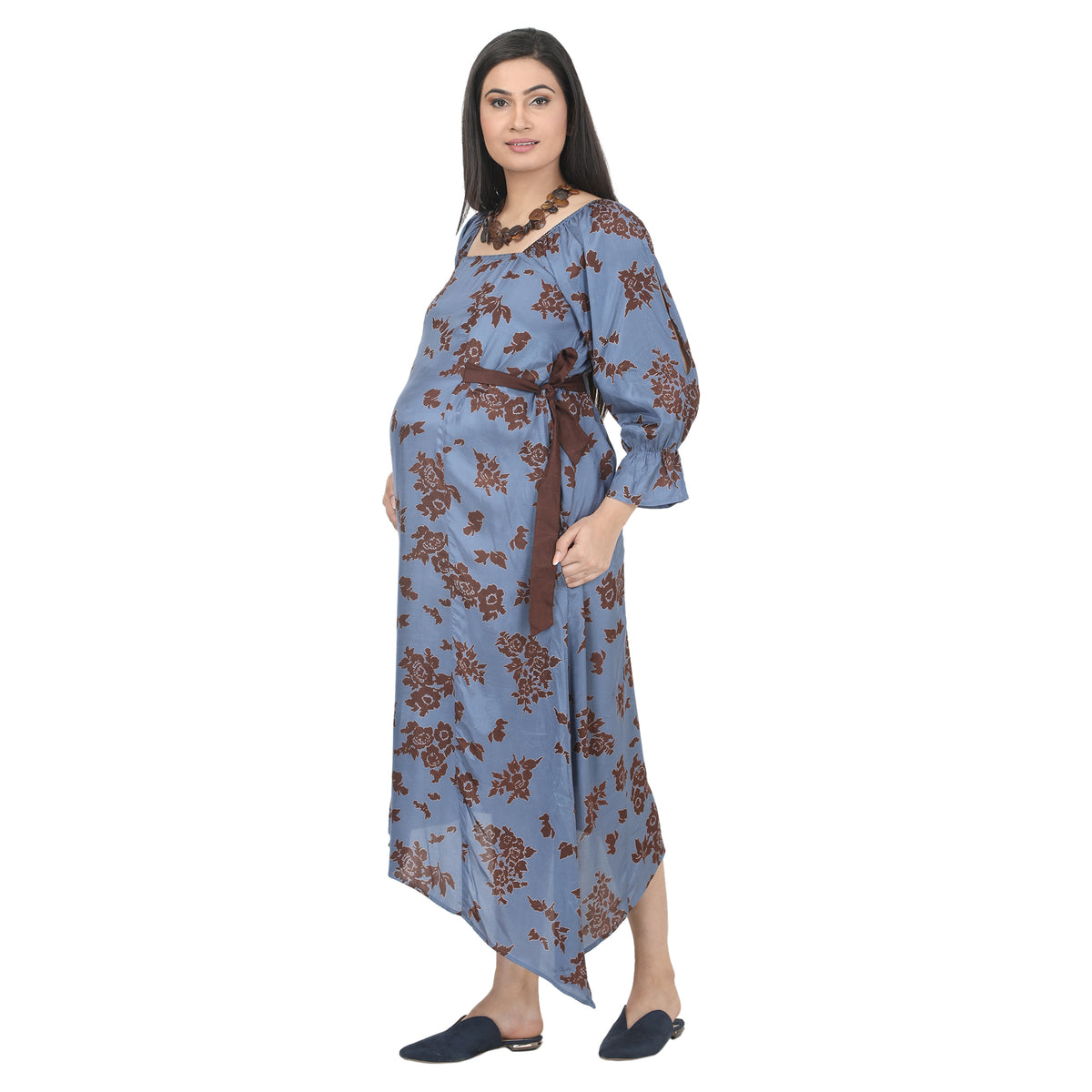 Blue & Brown Printed Asymmetrical Maternity Dress