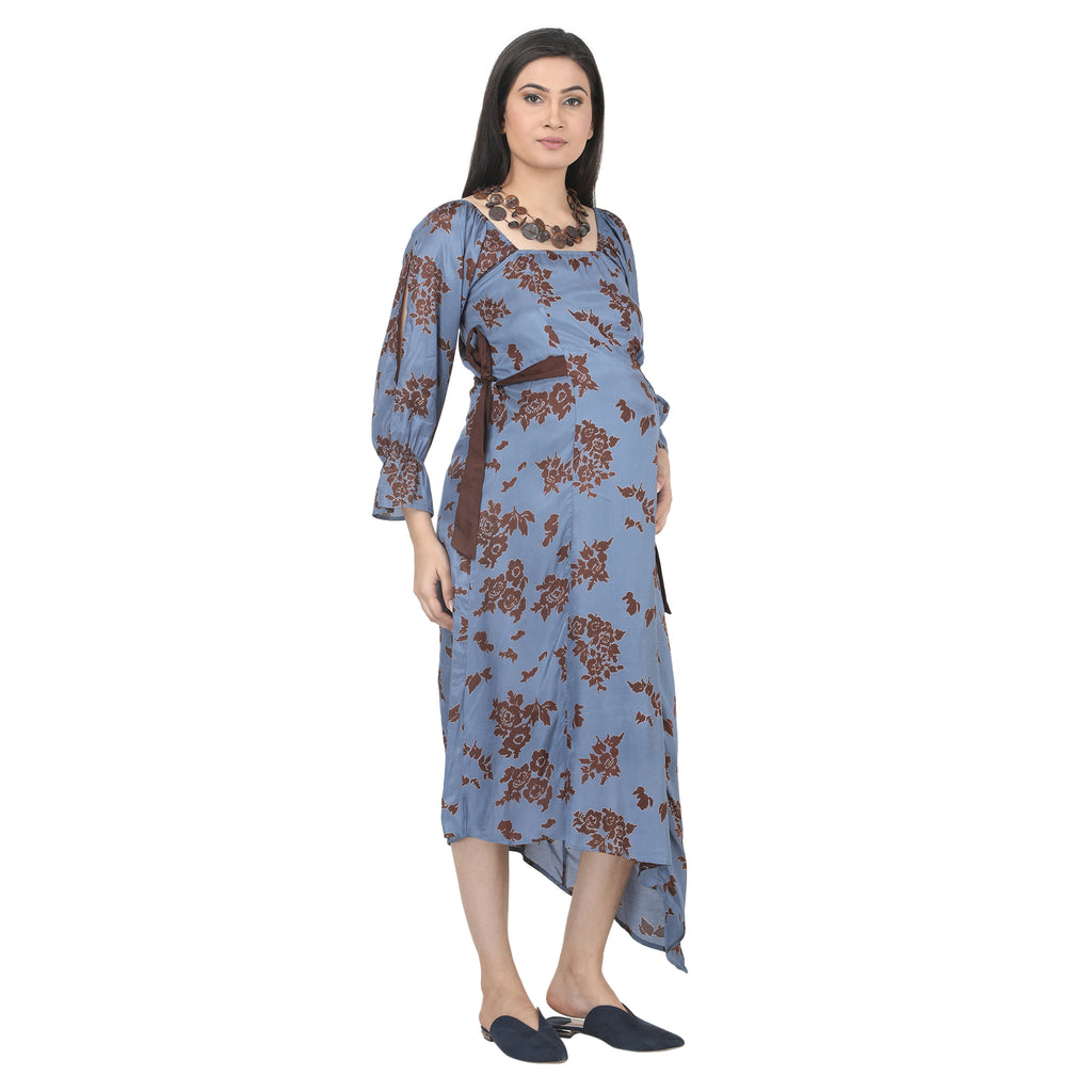 Blue & Brown Printed Asymmetrical Maternity Dress