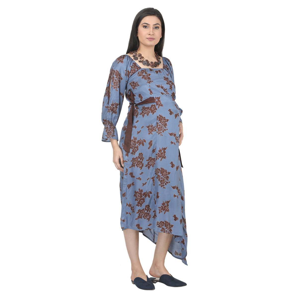 Blue & Brown Printed Asymmetrical Maternity Dress