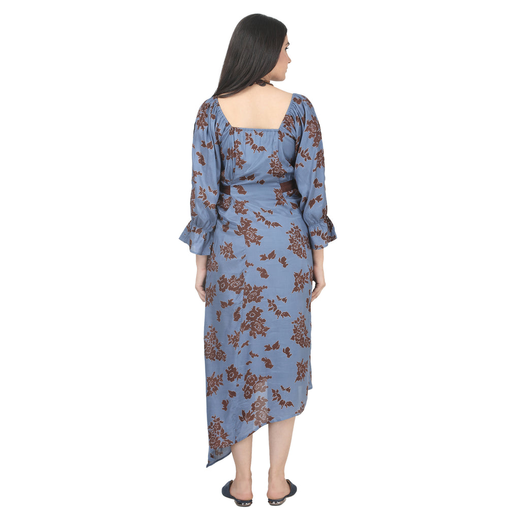 Blue & Brown Printed Asymmetrical Maternity Dress