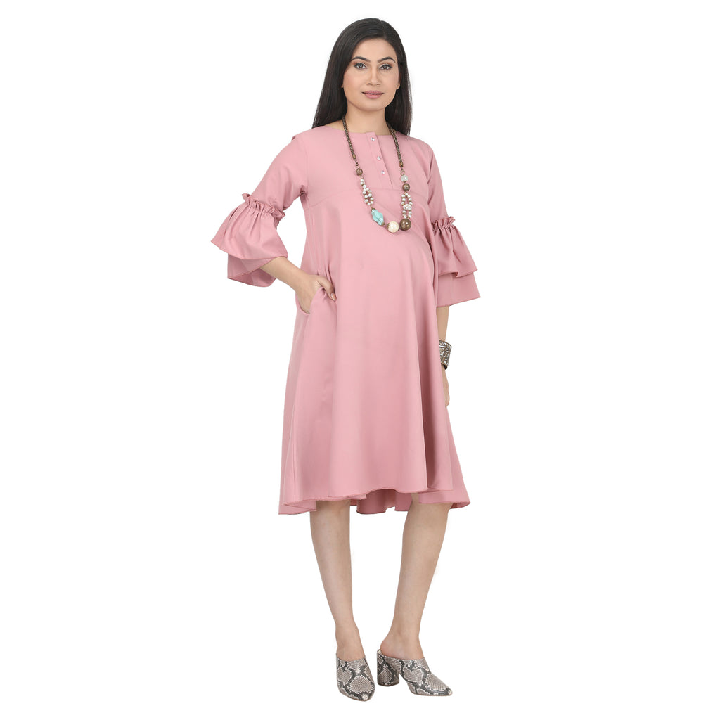 Blush Pink Flared Sleeve Maternity Midi Dress