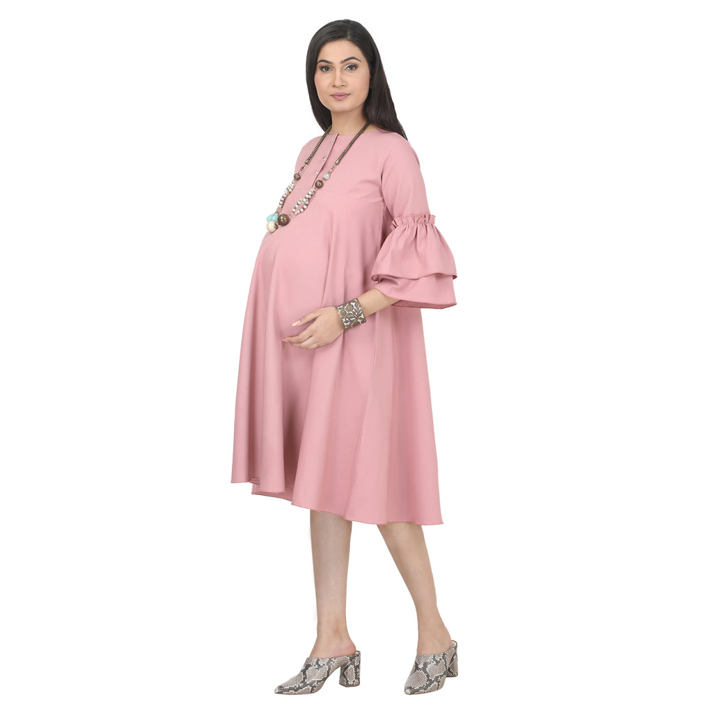Blush Pink Flared Sleeve Maternity Midi Dress