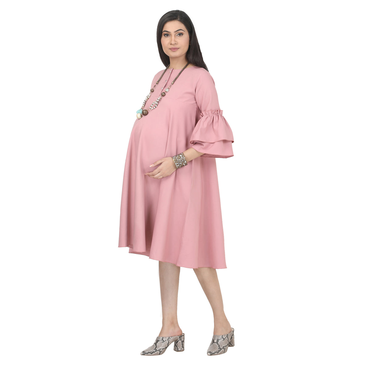 Blush Pink Flared Sleeve Maternity Midi Dress