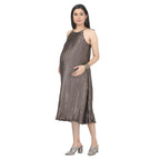 Greyish Green Crinkled Satin Maternity Midi Dress
