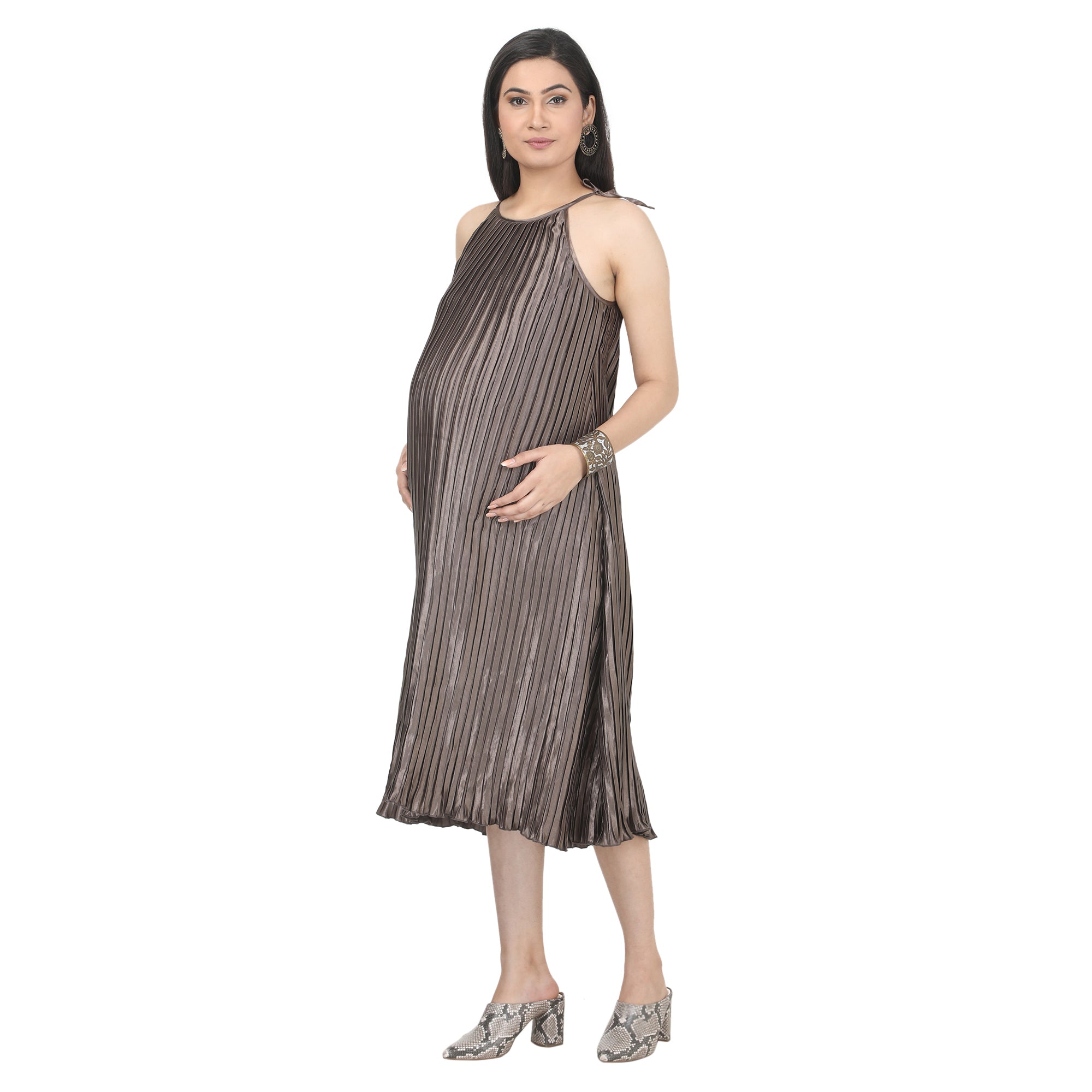 Greyish Green Crinkled Satin Maternity Midi Dress