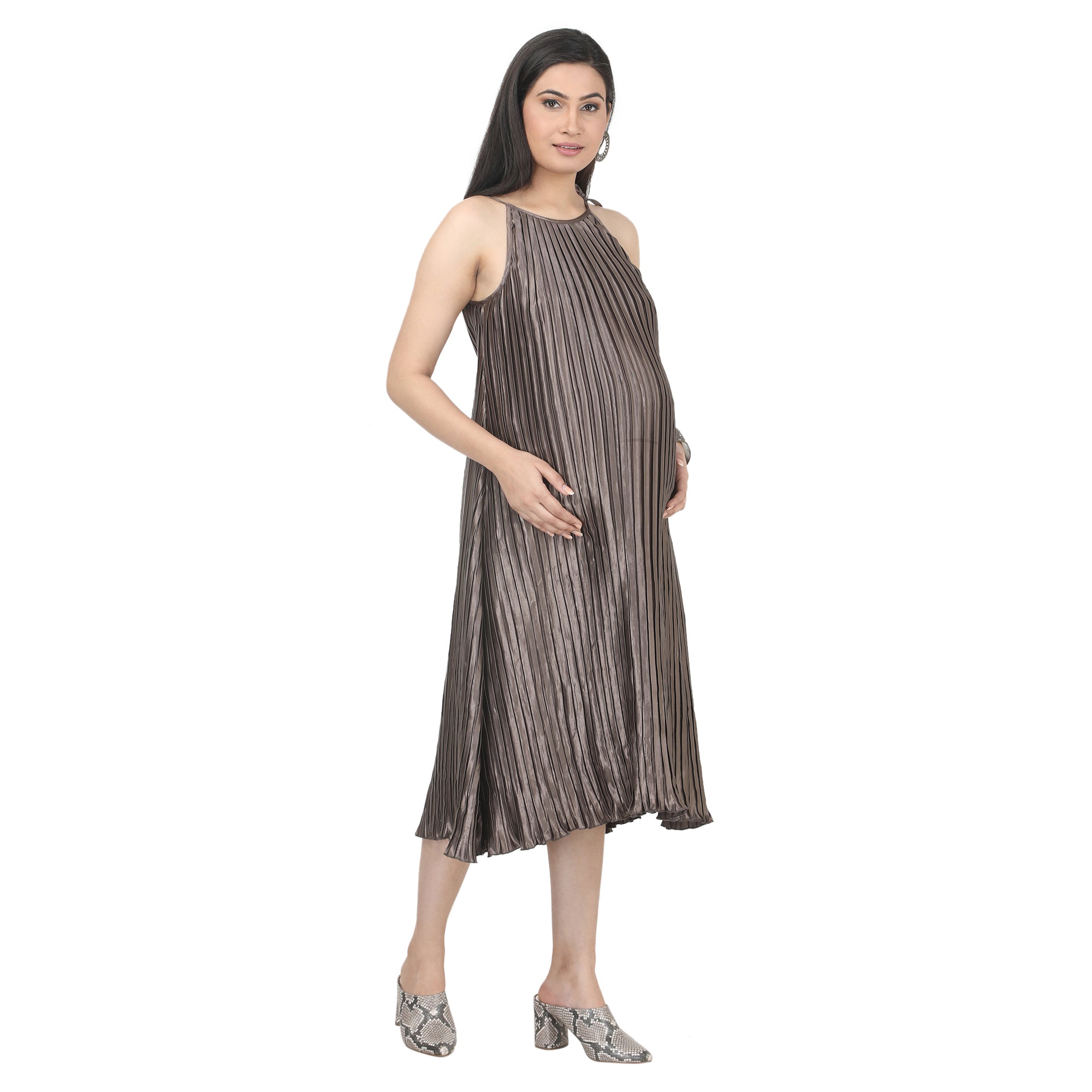 Greyish Green Crinkled Satin Maternity Midi Dress