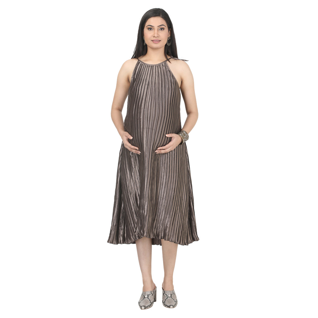 Greyish Green Crinkled Satin Maternity Midi Dress