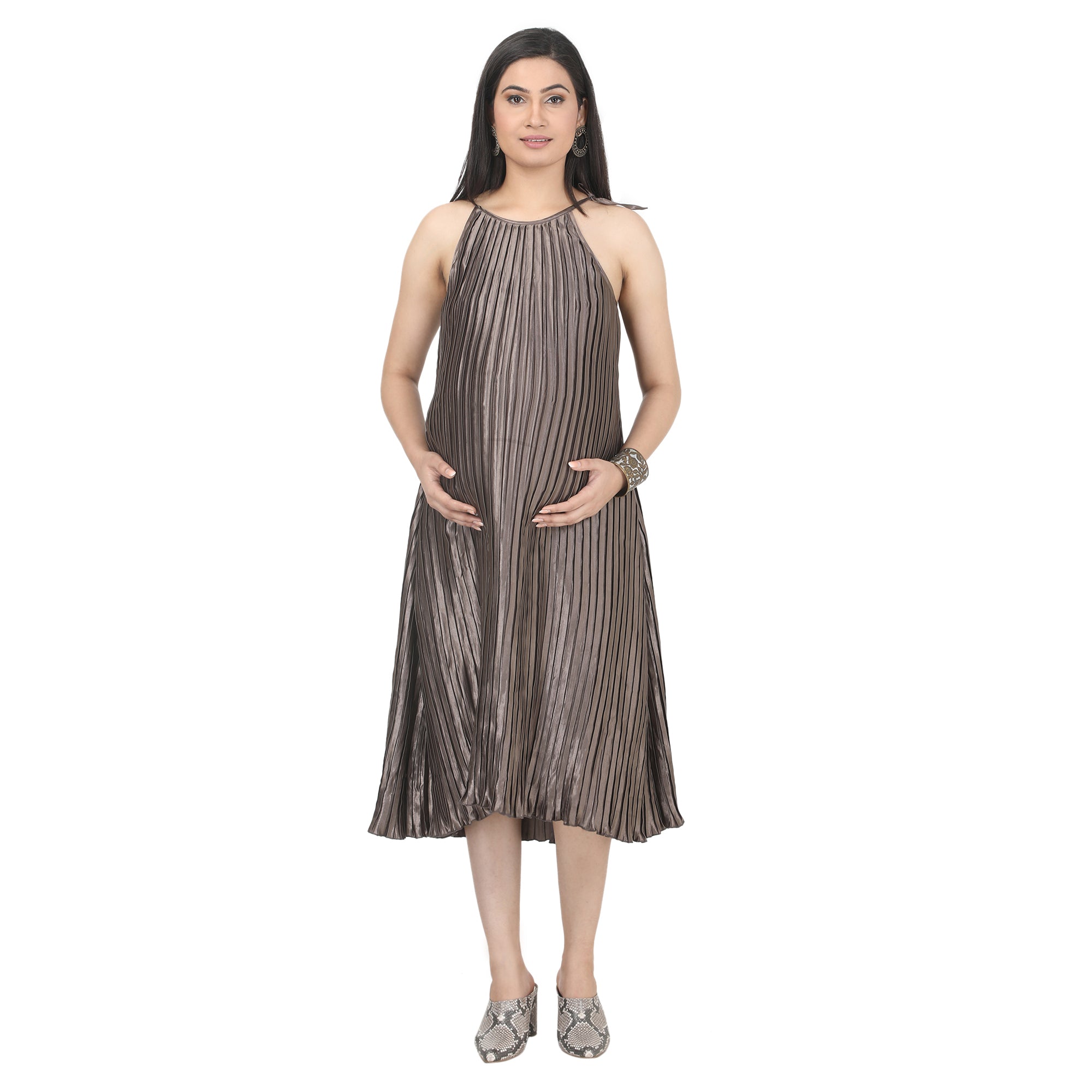Greyish Green Crinkled Satin Maternity Midi Dress