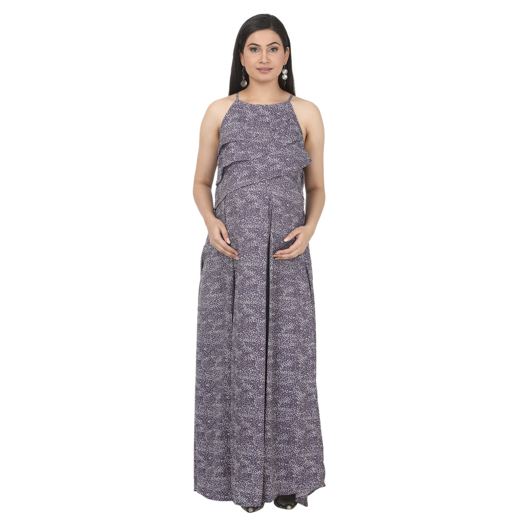 Blue Printed Layered Maternity Maxi Dress