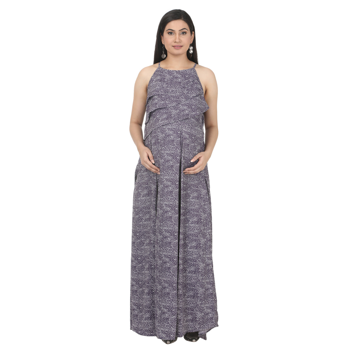 Blue Printed Layered Maternity Maxi Dress