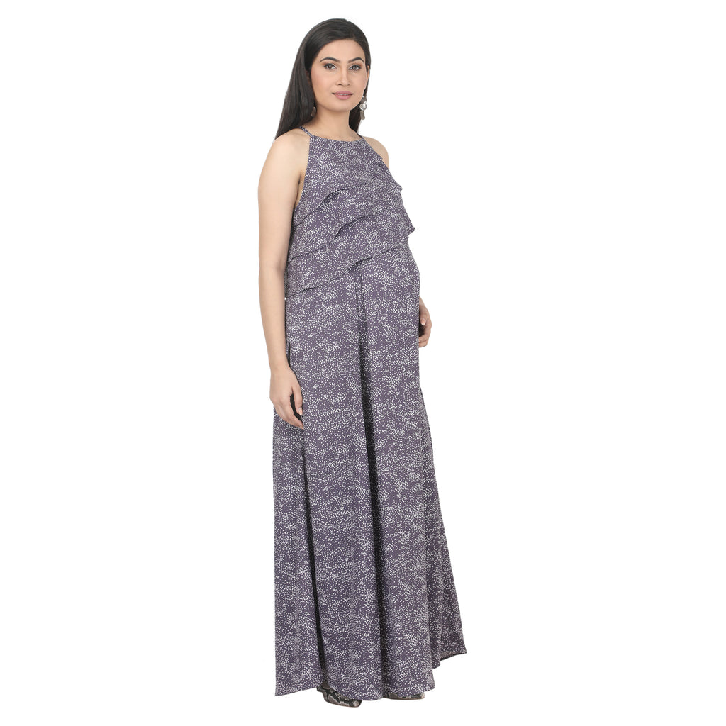 Blue Printed Layered Maternity Maxi Dress