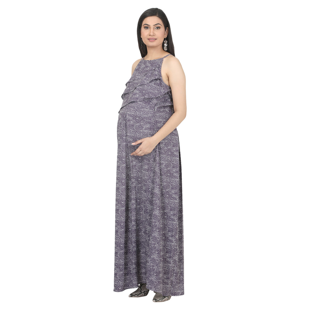 Blue Printed Layered Maternity Maxi Dress