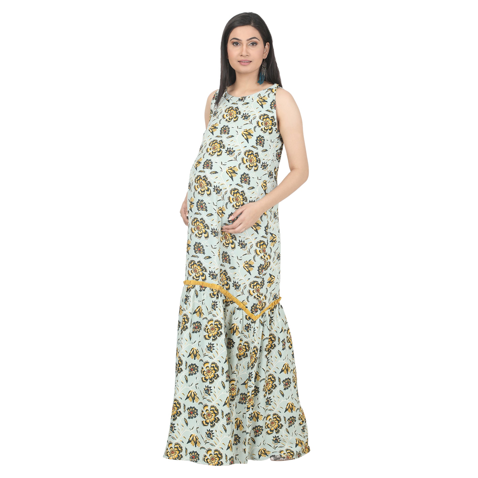 Long Dress: Light Mint Yellow Boat Shaped Neckline