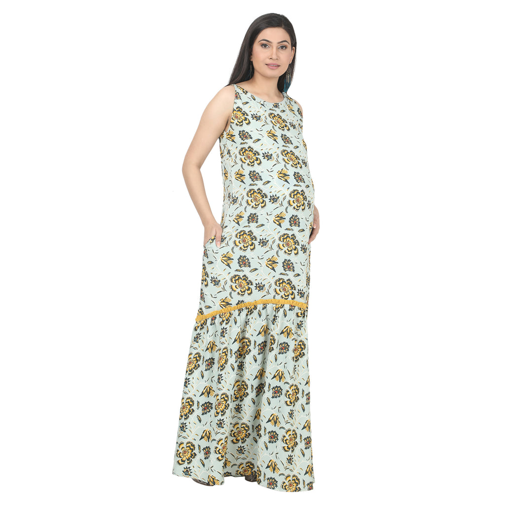Long Dress: Light Mint Yellow Boat Shaped Neckline