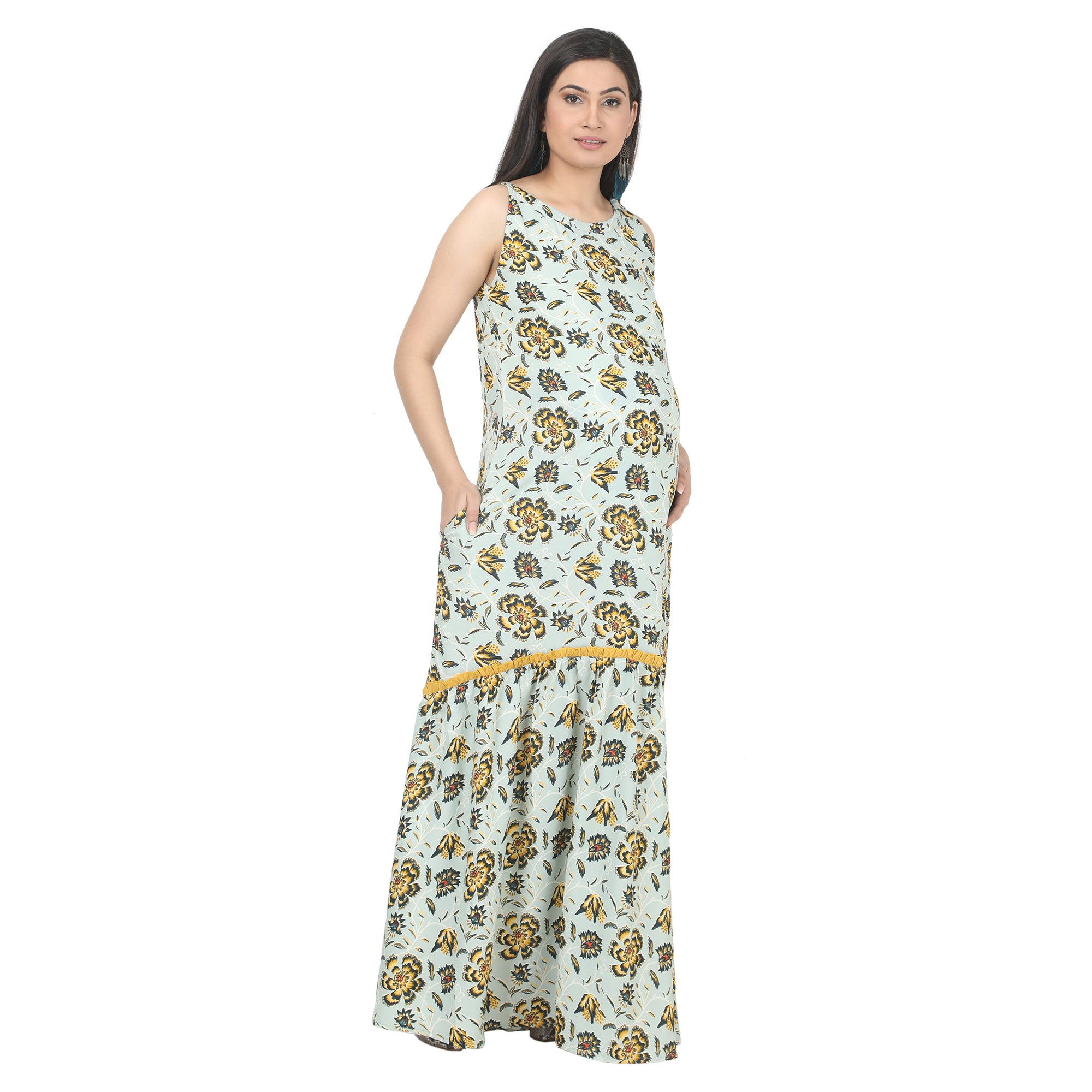 Long Dress: Light Mint Yellow Boat Shaped Neckline