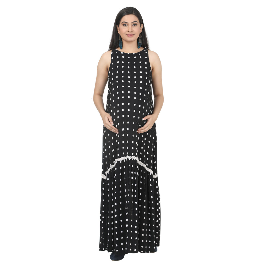 Black & White Polka Dot Tiered Maternity Maxi Dress
