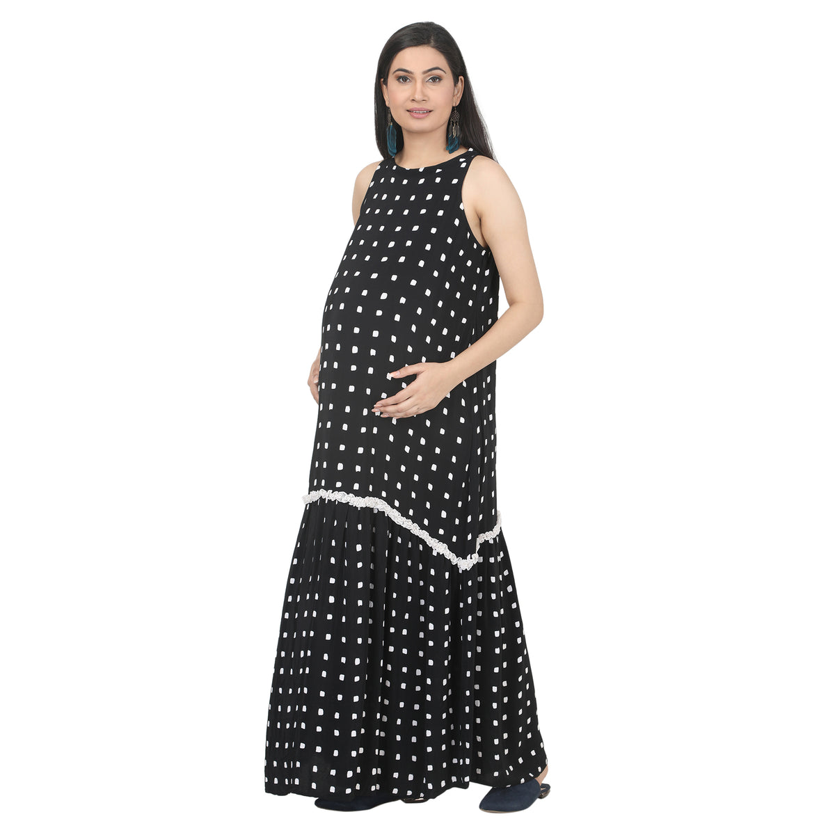 Black & White Polka Dot Tiered Maternity Maxi Dress