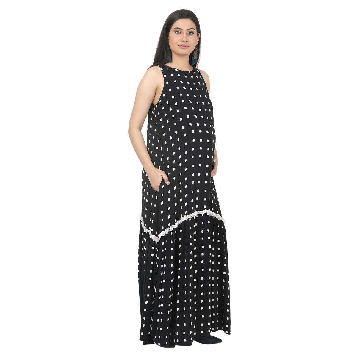 Black & White Polka Dot Tiered Maternity Maxi Dress