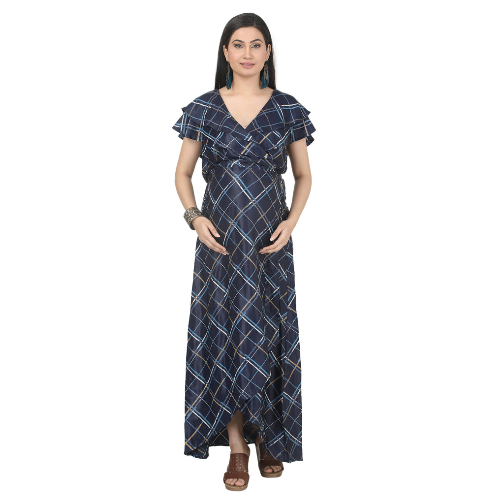 Navy Blue Checkered Wrap Maternity Dress