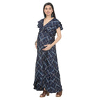 Navy Blue Checkered Wrap Maternity Dress