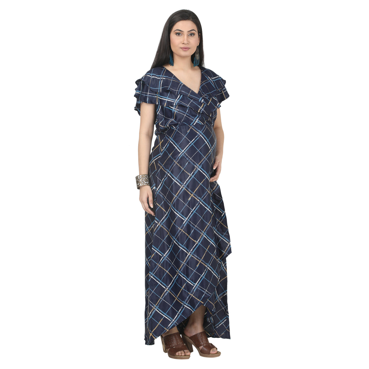 Navy Blue Checkered Wrap Maternity Dress