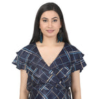 Navy Blue Checkered Wrap Maternity Dress