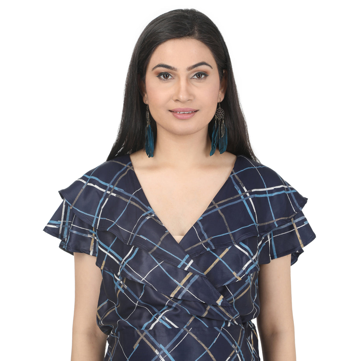 Navy Blue Checkered Wrap Maternity Dress
