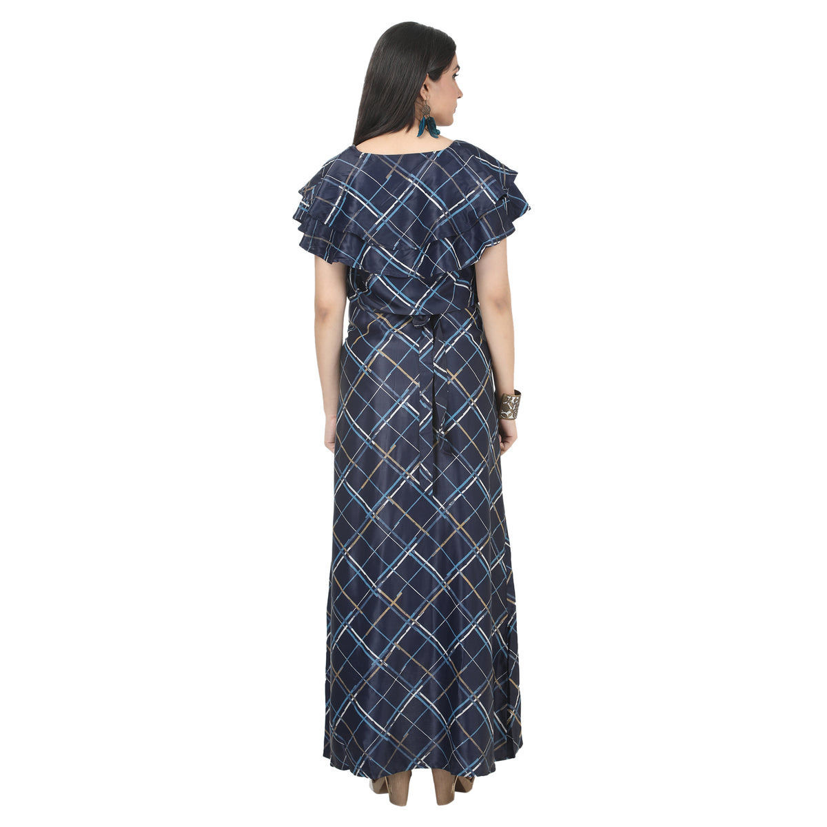 Navy Blue Checkered Wrap Maternity Dress
