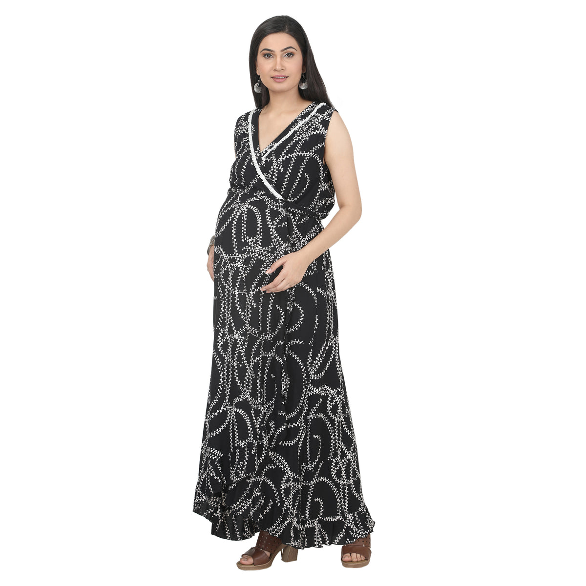 Black & White Printed Wrap Maternity Maxi Dress