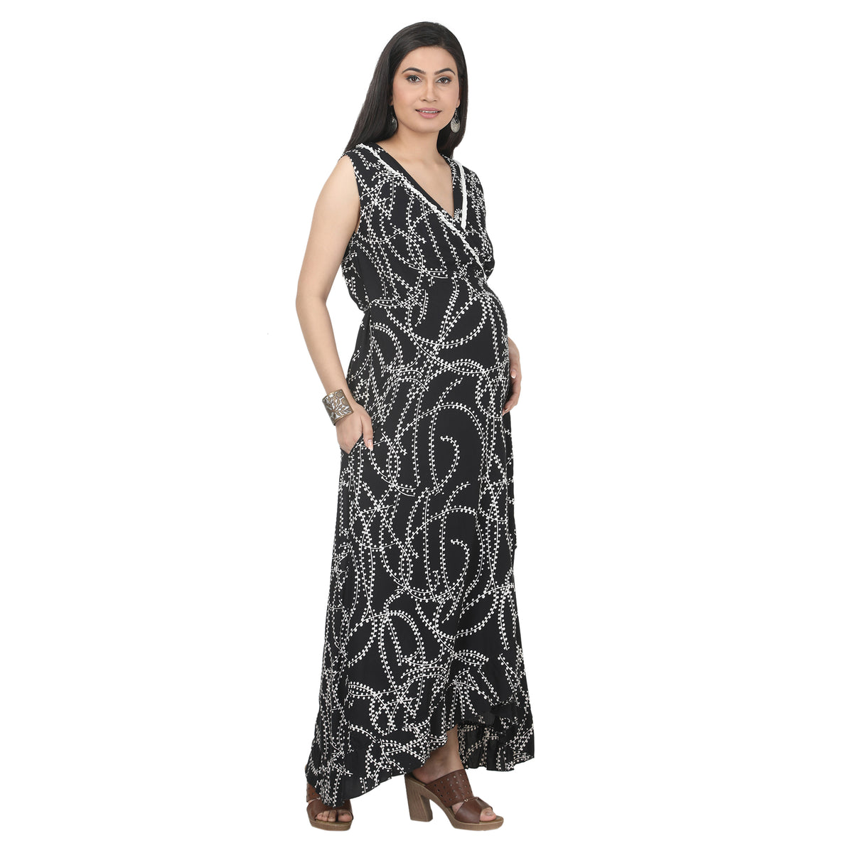 Black & White Printed Wrap Maternity Maxi Dress