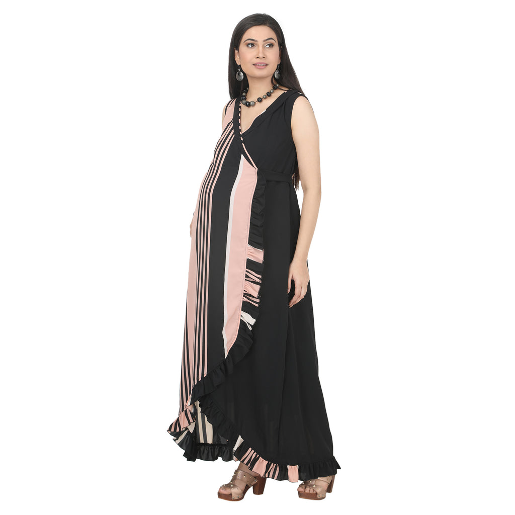 Black & Blush Pink Striped Wrap Maternity Dress