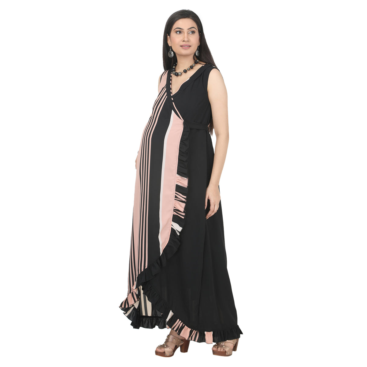 Black & Blush Pink Striped Wrap Maternity Dress