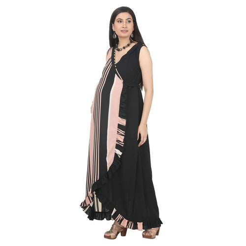 Black & Blush Pink Striped Wrap Maternity Dress