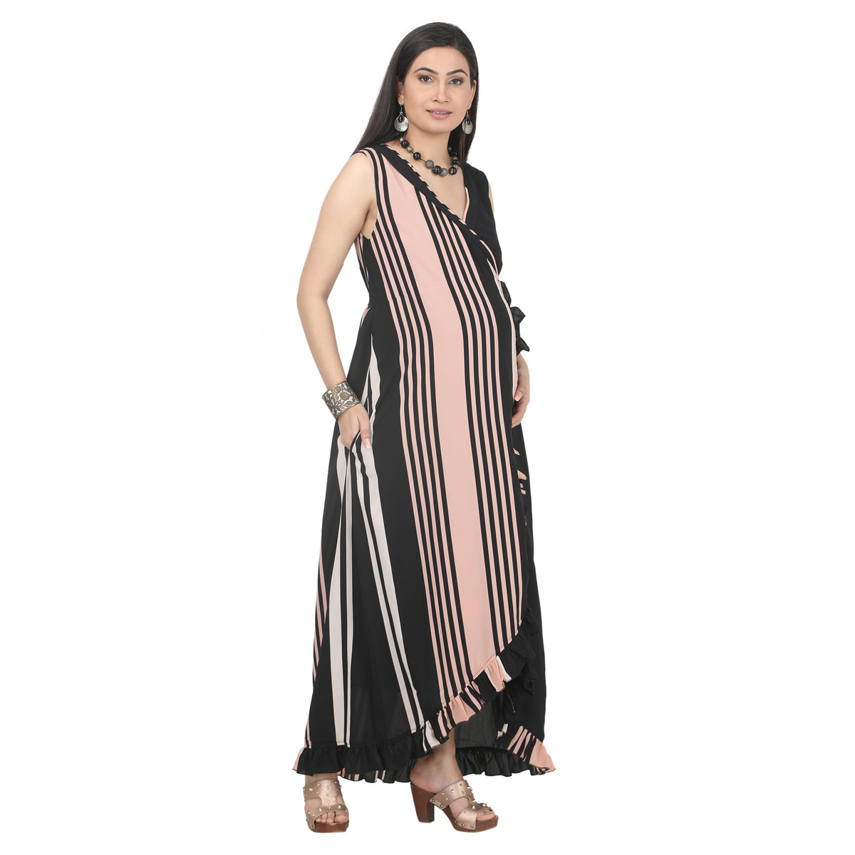 Black & Blush Pink Striped Wrap Maternity Dress