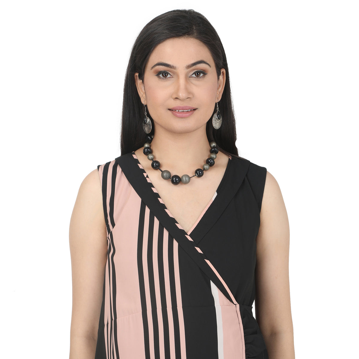 Black & Blush Pink Striped Wrap Maternity Dress