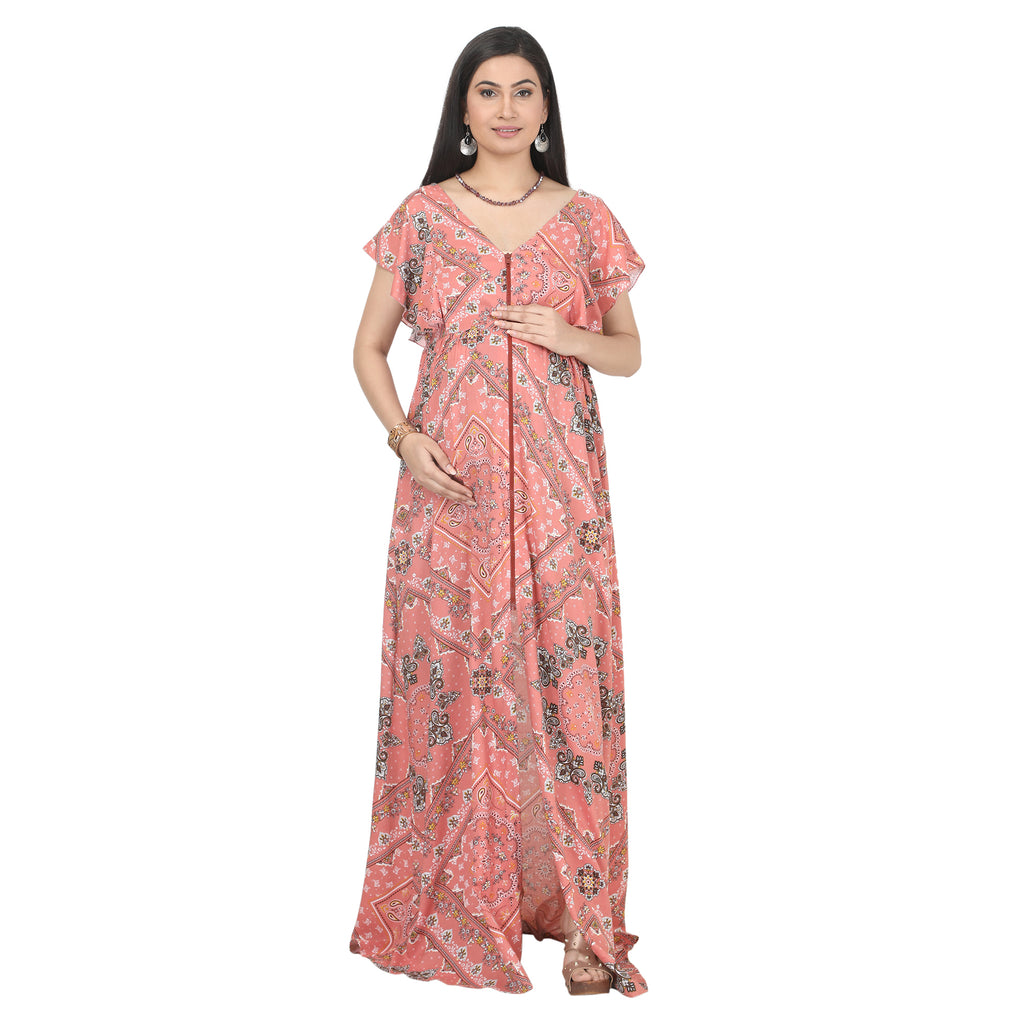 Peach Pink Paisley Printed Zipper-Front Maternity Maxi Dress