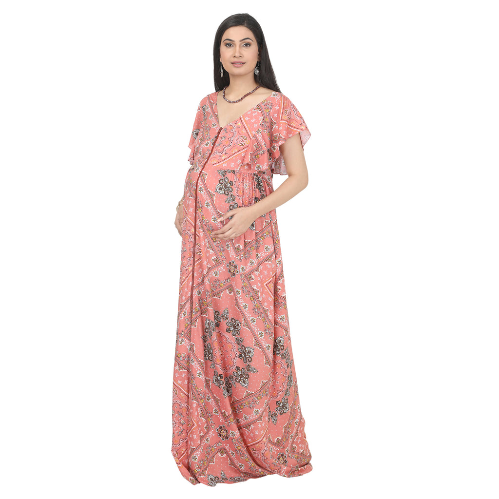 Peach Pink Paisley Printed Zipper-Front Maternity Maxi Dress