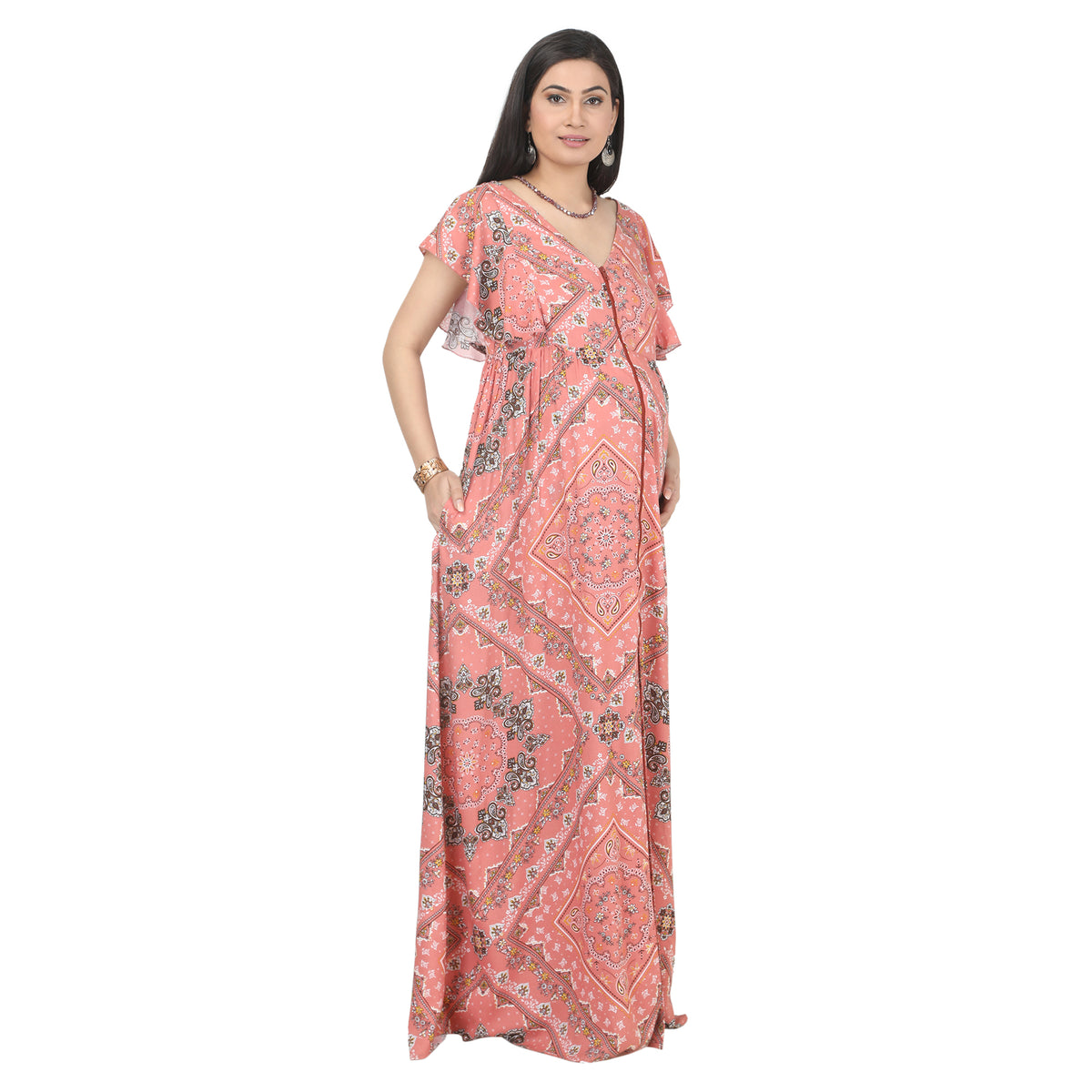 Peach Pink Paisley Printed Zipper-Front Maternity Maxi Dress
