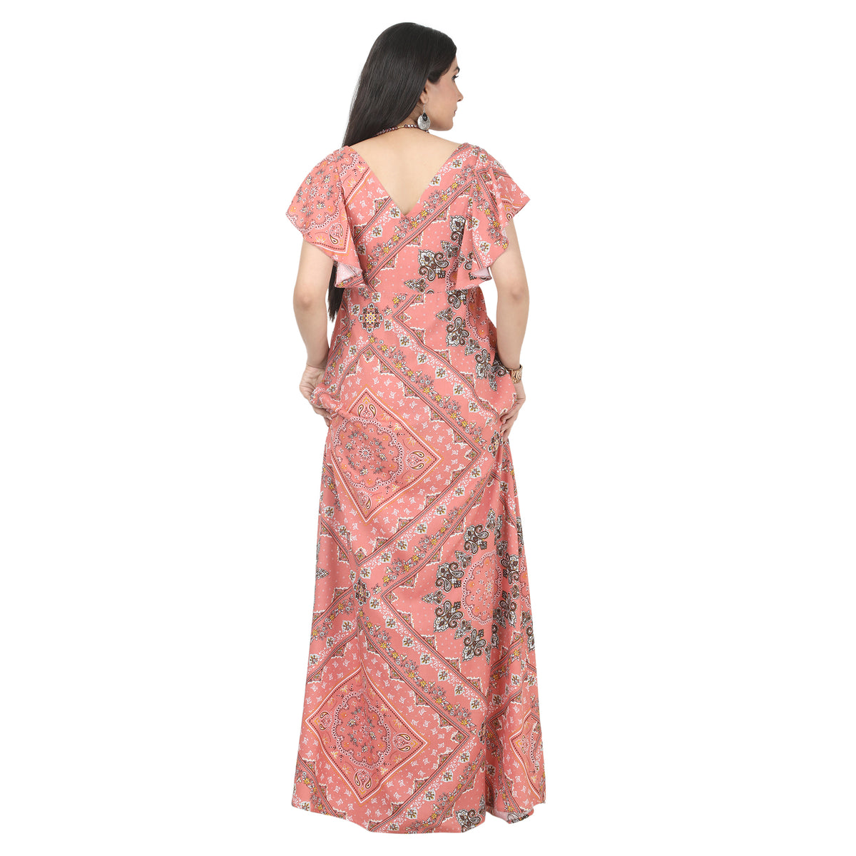 Peach Pink Paisley Printed Zipper-Front Maternity Maxi Dress