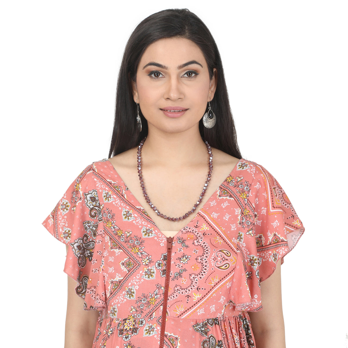 Peach Pink Paisley Printed Zipper-Front Maternity Maxi Dress
