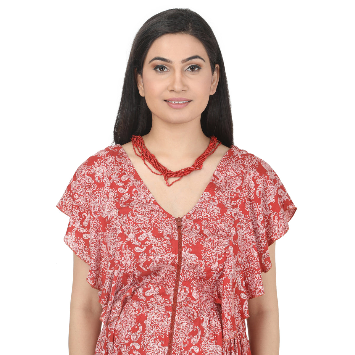 Rust & White Paisley Printed Front-Zip Maternity Maxi Dress